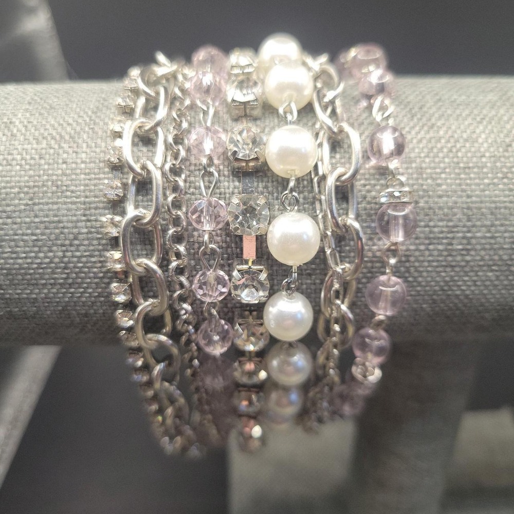 Multi Strand Silver Tone Faux Pearl Rhinestone Pink Bead Bracelet Size 7.5-9.5in